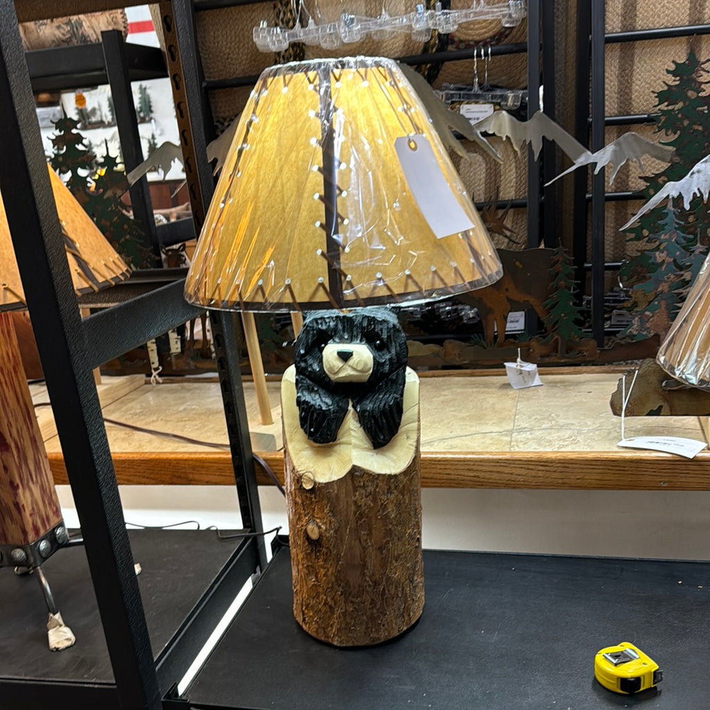 Black Bear in Stump Lamp Including Shade 30” Tall, Stock Item!