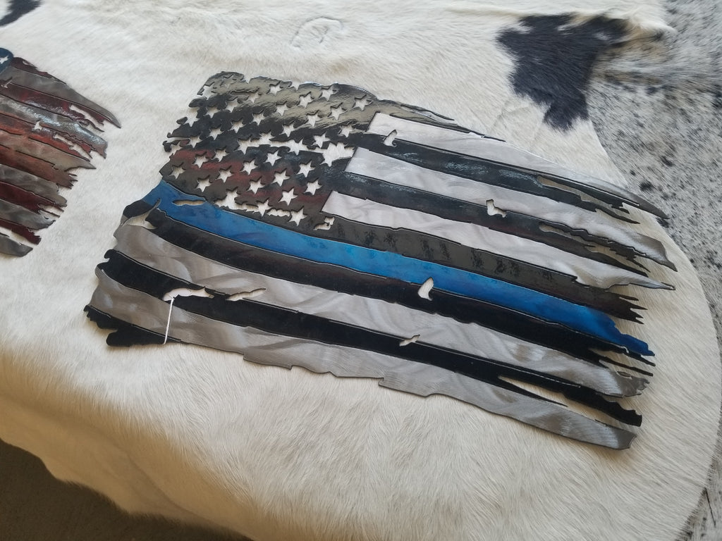 Tattered Metal Blue Line American Flag 24 inch wide STOCK ITEM!