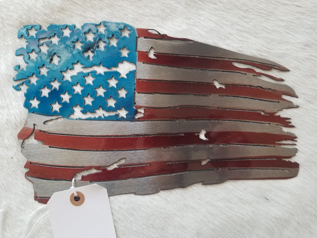 Tattered Metal American Flag 12 inch wide STOCK ITEM!