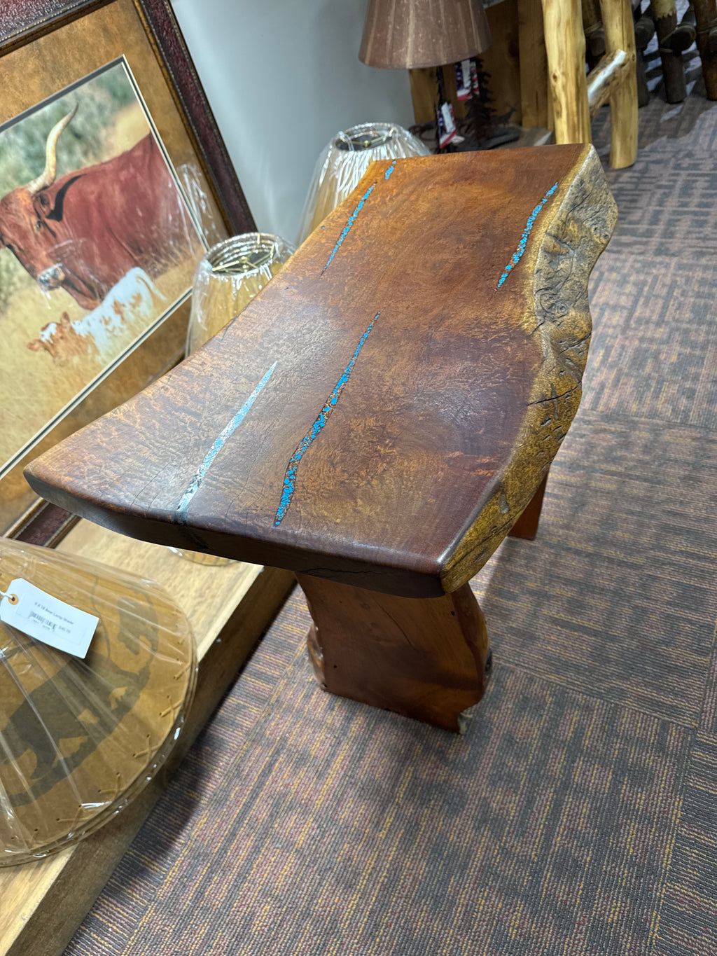 Save 30%! Mesquite live edge end table table with turquoise and copper inlay
