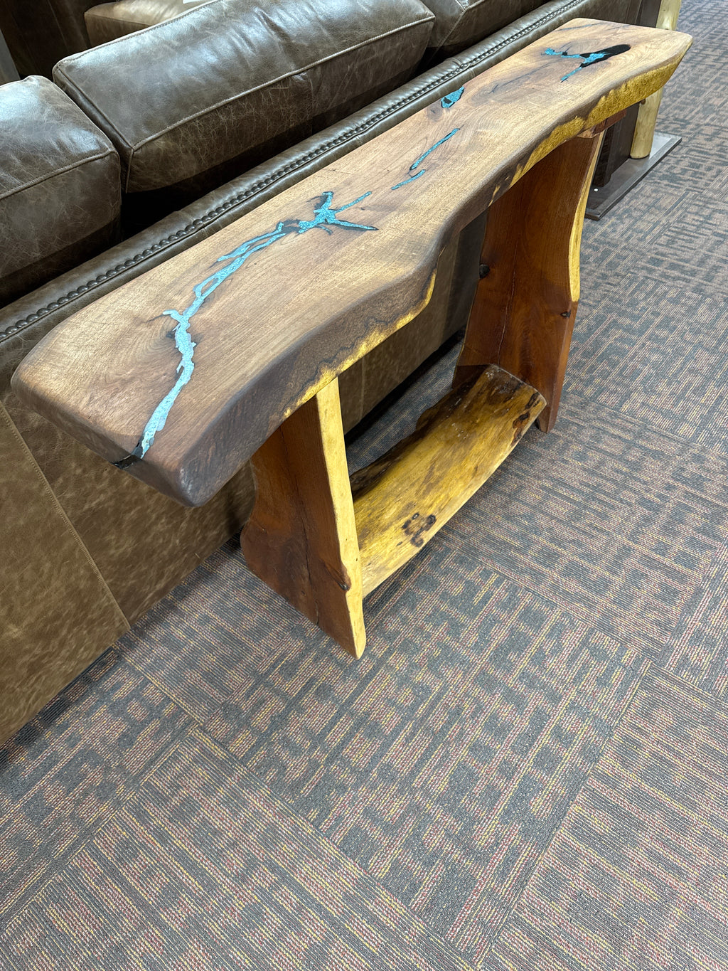 Save 25%! Mesquite 53” live edge sofa table table with turquoise inlay