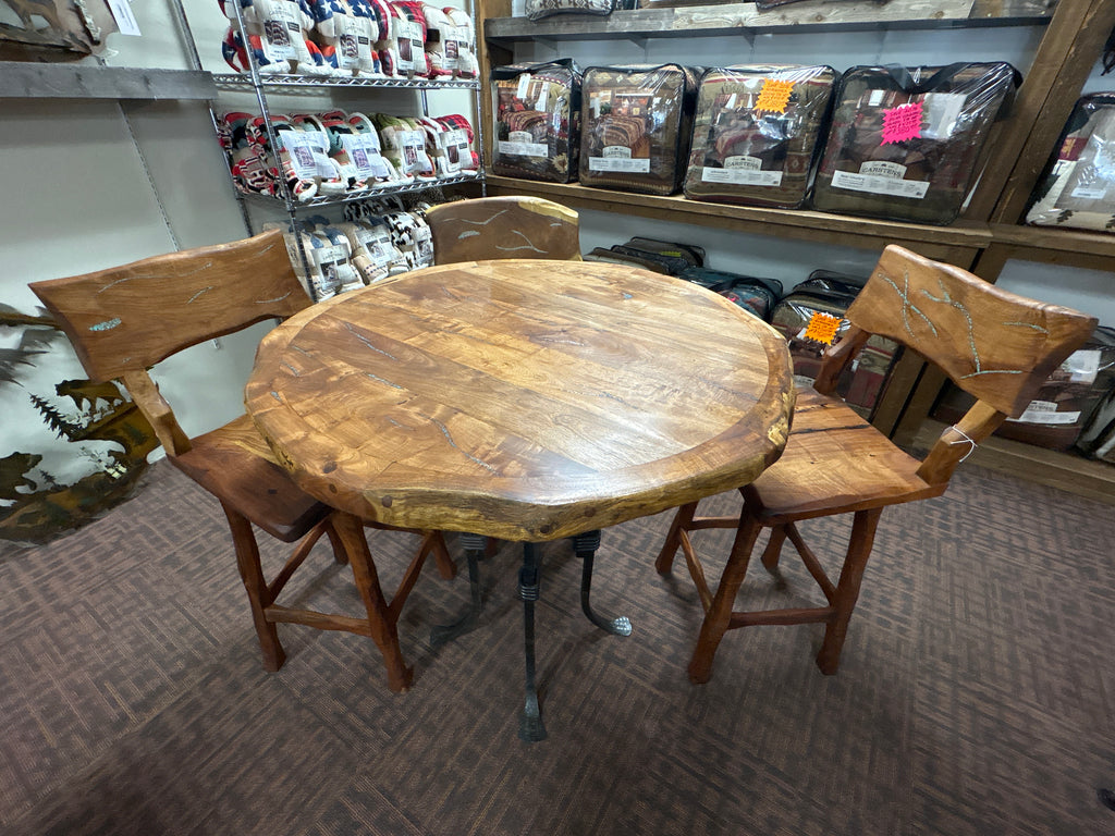 5 Piece Set - Mesquite Pub Table with Turquoise and Copper Inlay with a Iron Base