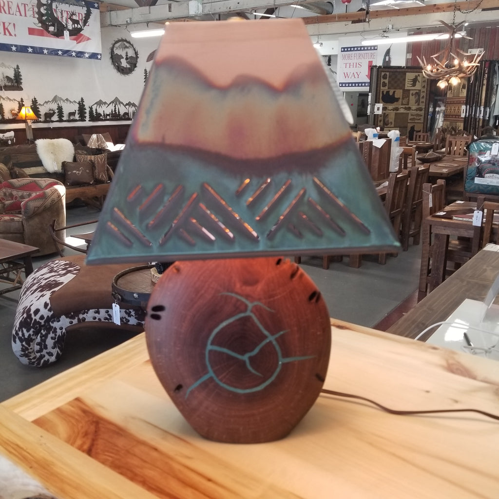 MESQUITE LAMP WITH TURQUOISE INLAY AND SOLID COPPER SHADE 15" - Stock Item!