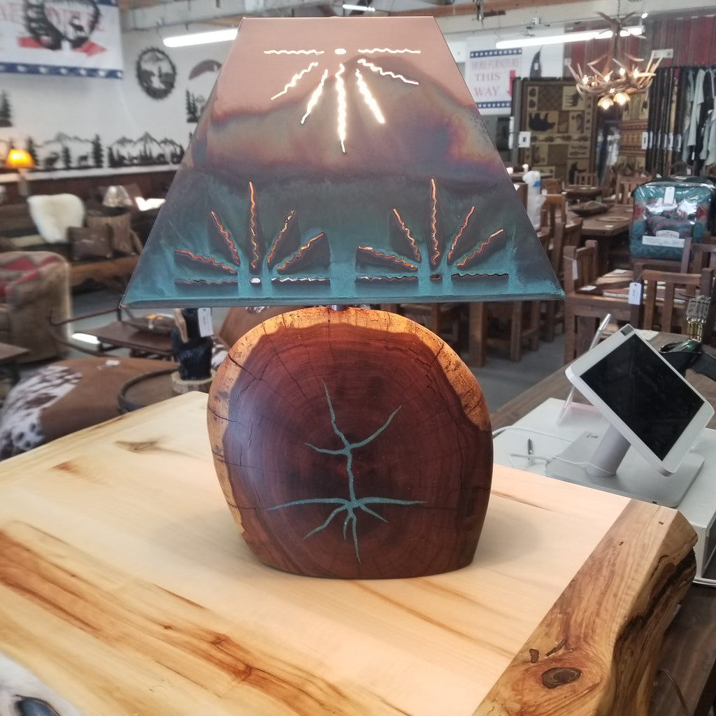 MESQUITE LAMP WITH TURQUOISE INLAY AND SOLID COPPER SHADE 16" - Stock Item!