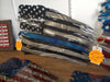 Tattered Metal Blue Line American Flag 30 inch wide STOCK ITEM!