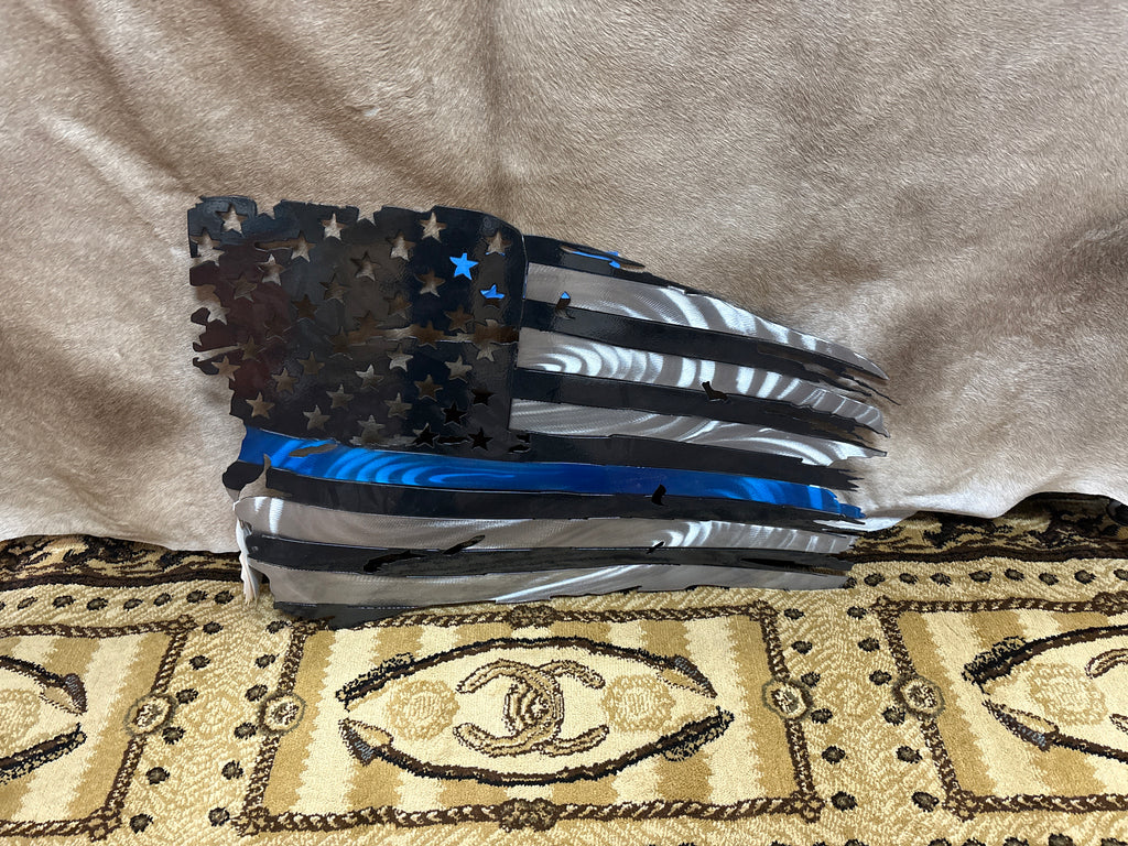 Tattered Metal Blue Line American Flag 30 inch wide