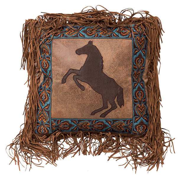 Rearing Horse Faux Leather Fringe Pillow - Stock Item!